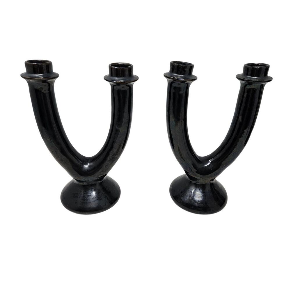 Set of 2 Vintage 50s Polish CERAMIKA KASZUBSKA Black Glazed Candlestick U Shape